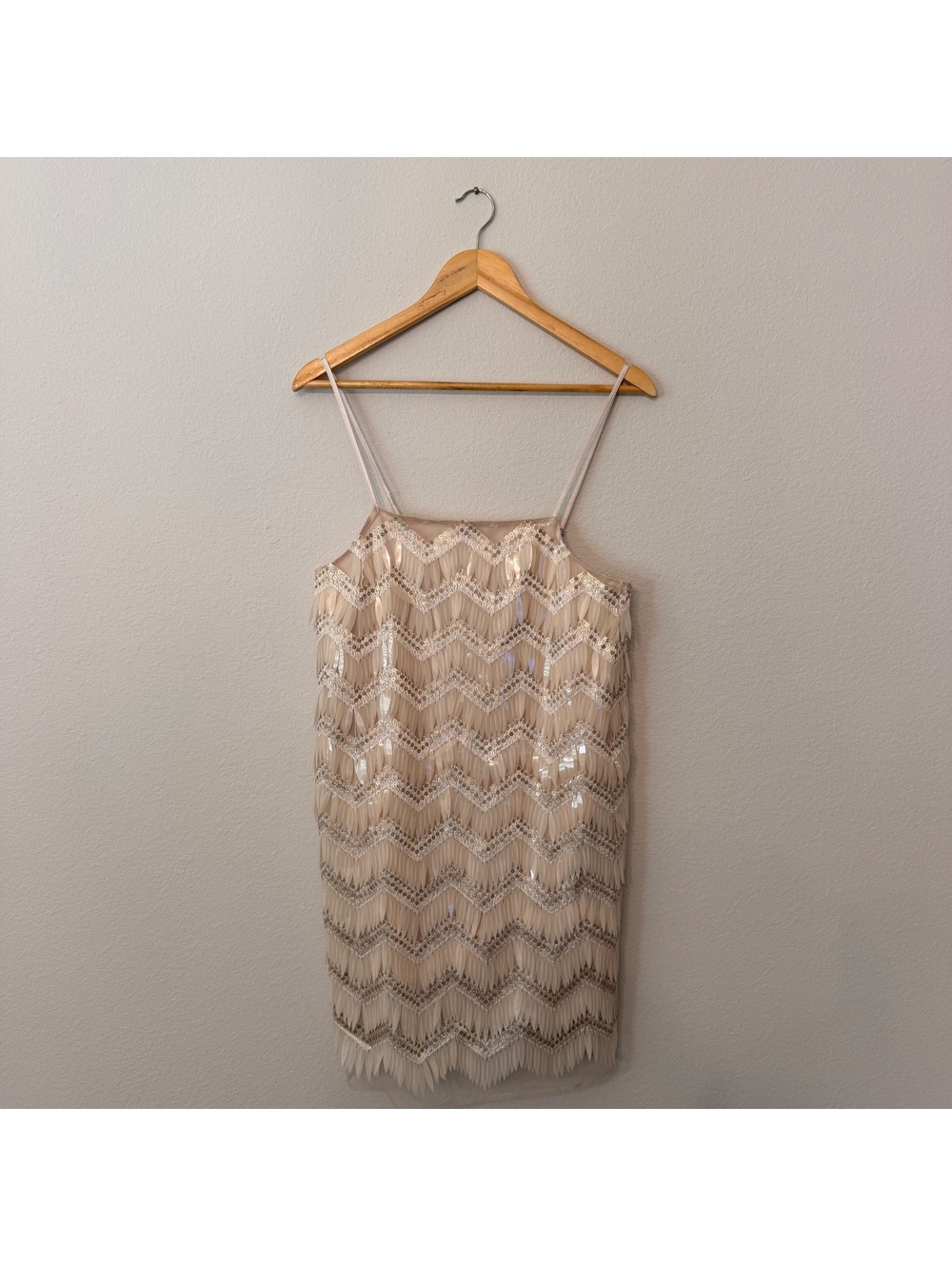 NWT Delicate Details Dress Champagne Sequin Chevron Flapper Mini Size S